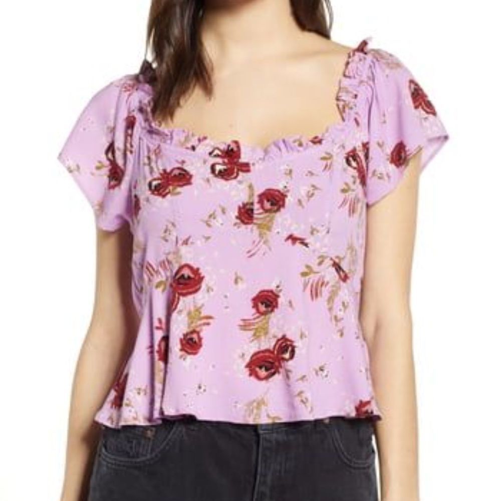 NWT Row A Purple Floral Blouse‎ Cropped Peplum